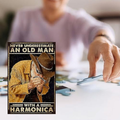 500 Pieces Jigsaw Puzzles for Adults, Never Underestimate an Old Man with A Harmonica Cowboy Art Puzzle, Stress Relief Concentration Training Brain Teaser Puzzle 20.4x15 Inch - color: Wooden Puzzle14, size: 500 Piece pcs