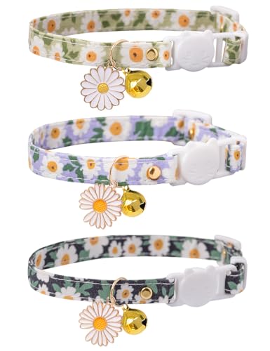 Cat Collar Breakaway with Bells,3 Pack Safety Adjustable Pet Collars,Ideal for Girl Boy Kittens. (Green Black Blue Daisy) - color: Green Black Blue Daisy