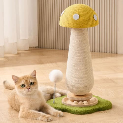 Mushroom Cat Scratching Post Cat Tree, 21.5‘’ H Cute Cat Scratcher Tower with Durable Solid Wood Turntable Toy, Lemon Yellow Mushroom Scratch Post Cat Sisal Scratcher with Catnip for Indoor Cats - color: Yellow Mushroom
