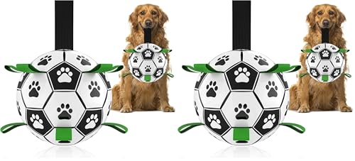 QDAN Large Dog Toys, 8 Inch Soccer Ball for Dogs with Straps, World Cup Interactive Toys for Tug of War, Puppy Birthday Gifts, Water Toy, Durable Dog Balls for Medium Large (Pack of 2) - color: Black Green, size: 8 Inch (Pack of 2)