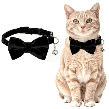 Velvet Cat Collar, Removable Kitten Bow Tie - Breakaway Cat Collar with Bell - Safety Buckle, Adjustable 7-11 Inches for Cats