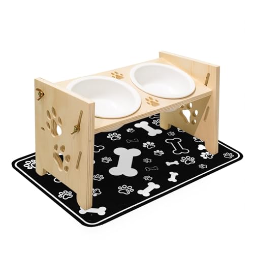2026 New Elevated Cat Bowls with Food Mat, Adjustable Height & Angle Raised Cat & Dog Bowls Stand for Food and Water, Cat or Small Dog Feeding Station, 2 Ceramic Bowls for Cats and Puppy(Natural Wood) - color: nature