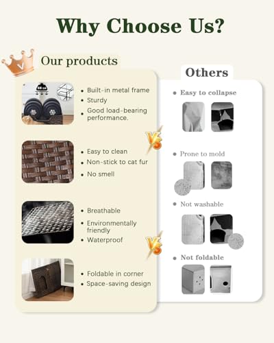 SETVSON Cat Beds Indoor Kitten House, Handwoven Rattan Cat Cave Pet Cube, Large Cat Houses, One Bed Mat, Foldable, Hideaway, 16.5x16.5x13.2 Inches, 2 S-Shaped Hooks in Living Room Bedroom Brown - color: Brown, size: Rectangle-M