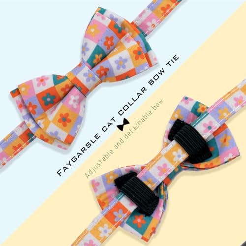 Faygarsle 2 Pack Floral Pattern Cat Collar Set with Bandana and Bow Tie, Breakaway Safety Buckle, Colorful Checkered Design - color: Colorful Plaid