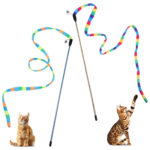 2 Pcs Interactive Cat Rainbow Wand Toys, Colorful Ribbon Teaser for Bored Indoor Cats and Kittens Cat Teaser Wand and String Toy Extended Colorful Cats String Toy with Bells