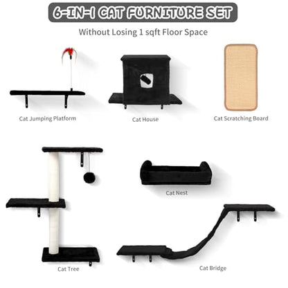 Cat Wall Shelves, 6 in 1 Cat Wall Furniture Set with Condos House, Bed, Bridge, Tree, Steps, Scratching Board, DIY Walls Playground for Indoor (Black) - color: Black