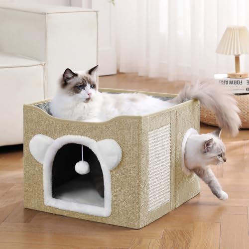 Cat House for Indoor Cats, Large Cat Bed Cave with Scratch Pad and Fluffy Ball, Foldable Cat Hideaway Condo, Kitten Bed, 16x16x13inch (Khaki, Large) - color: Khaki