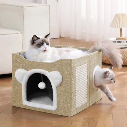 Cat House for Indoor Cats, Large Cat Bed Cave with Scratch Pad and Fluffy Ball, Foldable Cat Hideaway Condo, Kitten Bed, 16x16x13inch (Khaki, Large) - color: Khaki