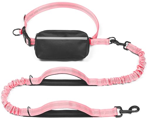 iYoShop Hands Free Dog Leash with Zipper Pouch, Dual Padded Handles and Durable Bungee for Walking, Jogging and Running Your Dog (Baby Pink, 8-25 lbs, Medium) - color: Baby Pink, size: Medium