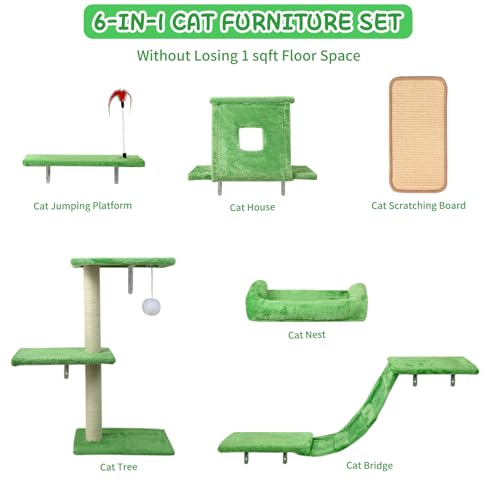 Cat Wall Shelves, 6 in 1 Cat Wall Furniture Set with Condos House, Bed, Bridge, Tree, Steps, Scratching Board, DIY Walls Playground for Indoor (Green) - color: Green