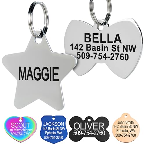 GoTags Stainless Steel Pet ID Tags, Personalized Dog Tags and Cat Tags, up to 8 Lines of Custom Text, Engraved on Both Sides, in Bone, Round, Heart, Bowtie and More (Star, Regular (Pack of 1)) - size: Regular (Pack of 1), style: Star