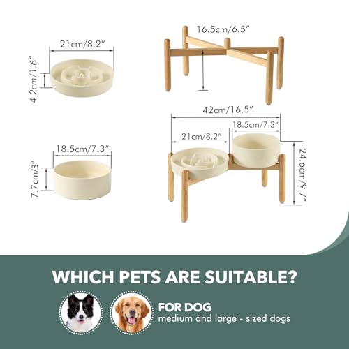 Havniva 8.2” Raised Slow Feeder Dog Bowls Set, 1.6 Cups Ceramic Slow Feeder Dog Bowl and 7.3” Dog Water Bowl with Elevated Wooden Stand Puzzle Dog Food Bowl for Medium Dogs Anti-Gulping & Anti-Choking - color: 2 x Light Yellow+Stand-A, size: 8.2inch
