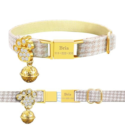 Personalized Breakaway Cat Collars - Magnetic Buckle, Bell - Safety Quick Release, Customized for Girls & Boys Cats- (Houndstooth-Khaki) - color: Houndstooth-Khaki