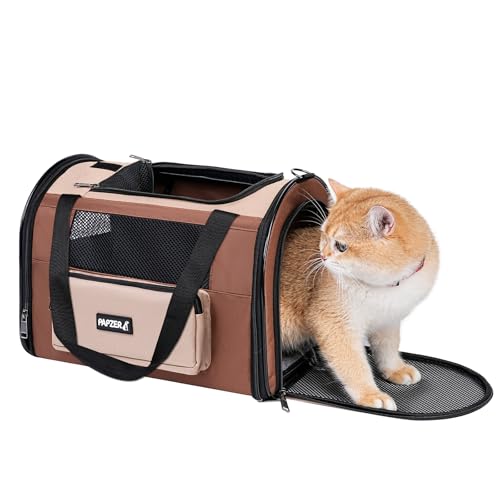 Collapsible Small Pet Carrier for Cat 15 lbs with Fashion Pocket, Lightweight Sturdy Travel Carry Bag Little Puppy Dog, Breathable Stylish Kitten Soft Cage Kennel, 17.7x11.0x11.8 Inch Khaki - color: Khaki