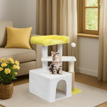 Outvita Cat Tree 27.5in Small Cat Tower, Multi-Level Cat Tree Tower with Cat Scratching Post and Pad, Cozy Cat Condo, Padded Top Bed for Kittens and Indoor Cats, Yellow & White - size: 27.5" Yellow & White