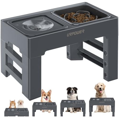 URPOWER 2-in-1 Elevated Slow Feeder Dog Bowls with No-Spill Water Bowl, 4 Height-Adjustable Raised Dog Bowls, Non-Slip Food and Water Bowls with Stand for Small, Medium, Large Dogs, Cats and Pets - color: Grey, size: Slow Feeder