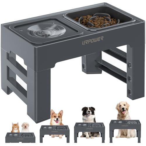 URPOWER 2-in-1 Elevated Slow Feeder Dog Bowls with No-Spill Water Bowl, 4 Height-Adjustable Raised Dog Bowls, Non-Slip Food and Water Bowls with Stand for Small, Medium, Large Dogs, Cats and Pets - color: Grey, size: Slow Feeder