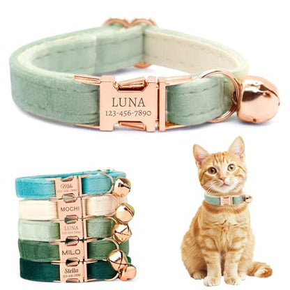 Personalized Non-Breakaway Cat Collar with Name, Luxury Soft Velvet Custom Engraved Name Collar with Bell for Kittens & Cats (Celadon, S (6.5-10.5 inches)) - color: Celadon, size: S (6.5-10.5 inches)