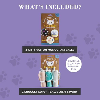 Haute Diggity Kitty Vuiton Monogram Balls + Snuggly Cups Set, Plush Cat Toys Catnip Filled with Interactive Crackle Sound, Safe & Durable Toys for Cat & Kitten, 6 Pcs - style: Kitty Vuiton Monogram Balls + Snuggly Cups