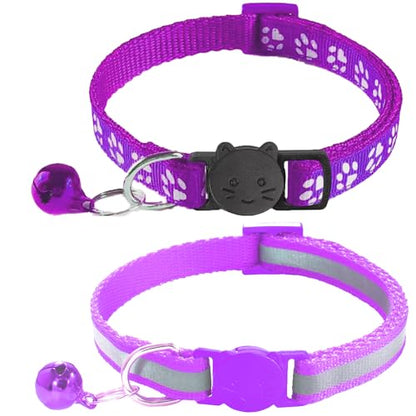 2 Pack Breakaway Cat Collars with Bells, Reflective Design and Claw Print Design, Safety Buckle Kitten Collars Adjustable from 7.5 to 12.5 Inches (Purple) - color: Purple