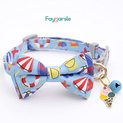 Faygarsle 2 Pack Cute Cat Collar with Bell Breakaway Bowtie for Male Female Cats Soft Fancy Blue Yellow with Ice Cream Sea Pattern Summer Cat Collar for Boy Girl Cats - color: Beach&Sea