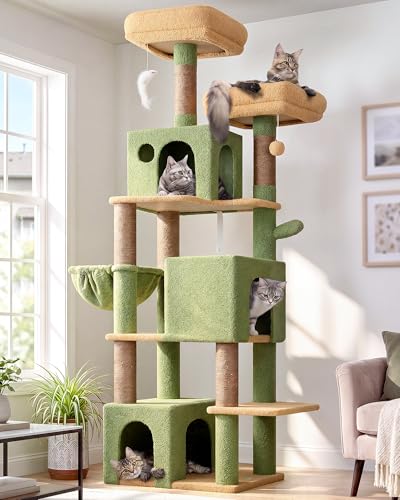Globlazer Cactus Cat Tree Tall, 71 inches Cat Tower for Indoor Adult Cats Multi-Level 3 Condos for Indoor Cats XL Cat Tree Tower with Scratching Posts, Soft Extra Large Hanging Basket, F71, Green - color: Green