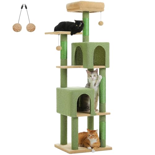 Cactus Cat Tree for Indoor Cats, 62" Multi-Level Cat Tower with 2 Spacious Condos, Scratching Pad, 4 Cat Scratching Posts, 2 Top Perches, 2 Pompoms, Green - color: Green, size: 62 Inches
