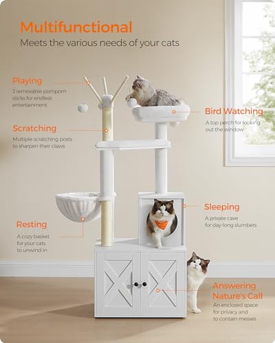 Feandrea Cat Tree with Litter Box Enclosure, 59-Inch Modern Cat Tower, 2-in-1 Condo with Scratching Posts, Washable Removable Cushion, Cloud White UPCT113W01 - color: Cloud White