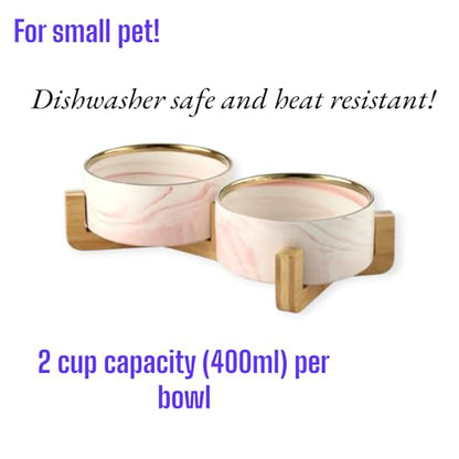 Ceramic Pet Bowl (Marble Design) Set of 2 with Stand, 2cups and 4 Cups Capacity (Marble Pink w/Gold, Small, 2 Cups per Bowl) - color: 2. S-Marble pink gold, Small, 2 cups per bowl