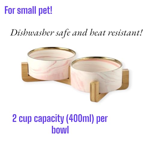 Ceramic Pet Bowl (Marble Design) Set of 2 with Stand, 2cups and 4 Cups Capacity (Marble Grey w/Gold, Small, 2 Cups per Bowl) - color: 1. S-Marble Grey Gold, Small, 2 cups per bowl