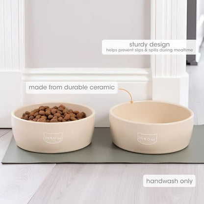 Pearhead Ceramic Cat Bowl – Neutral Taupe “Meow” Design, Holds 12 oz, Stoneware Pet Dish, Whisker-Friendly Pet Feeding, Non-Skid - color: Taupe "Meow", size: Single Bowl