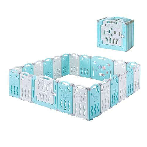 Albott 22 Panels Kids Safety Play Center Yard Baby Playpen Kids Activity Centre Indoor or Outdoor, Portable Play Yard with Gate for Babies, Infant, Toddlers Blue (20 Panels+1 Gate+ 1 Game Board) - color: Blue, size: 22 Pieces
