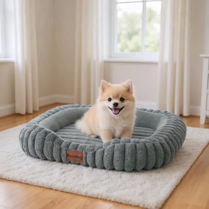 Cute Washable Dog Bed for Small Dogs -Soft Plush Calming Puppy & Cat Bed with Anti-Slip Bottom, Rectangle Anti-Anxiety Puppy Kennel Bed with Handle, 25" x 21" x 4",Grey - color: Warm Gray, size: 25"L x 21"W x 4"Th