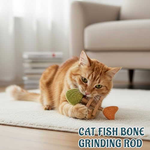Cat Chew Toy, Interactive Cat Toy with Catnip, Dental Care for Cats, Teething Toy for Indoor Cats, 3-Pack Fish Bone Shape in Mixed Flavors 16x6 cm