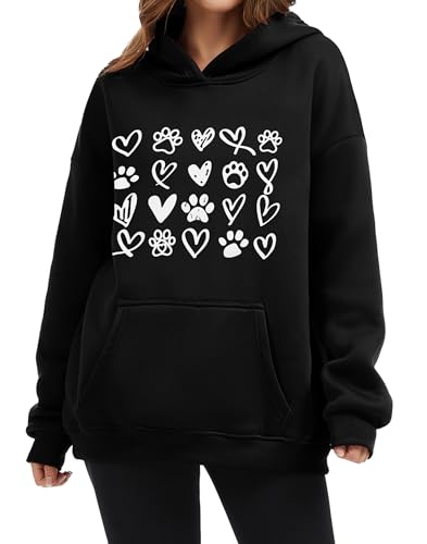Womens Dog Paw Hoodie-Long Sleeve Pullover Fleece Lined Dog Mom Sweatshirts with Pocket - color: A-black, size: XX-Large