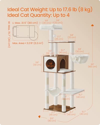Feandrea Cat Tree, 65-Inch Tall Cat Tower, Multi-Level Condo with Cave, Basket, Hammock, Pompom, Scratching Posts, Honey Brown UPCT118K03 - color: Honey Brown