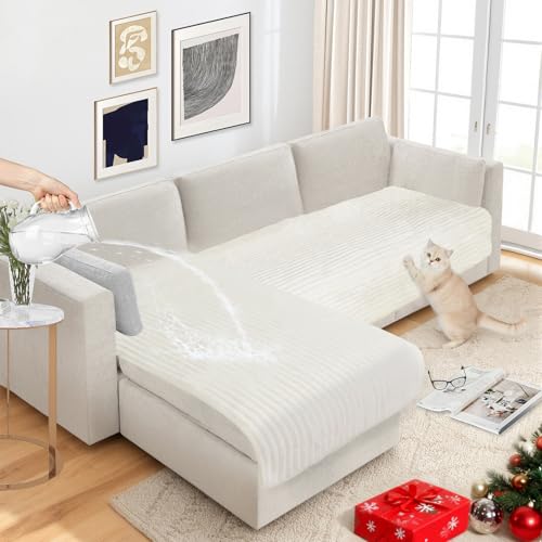NAISI Couch Covers for Dogs Waterproof Flannel Striped Sofa Cover Pet Friendly Washable Dog Mat for Couch Anti Slip Sectional Sofa Slipcover Protector(2pcs/35"x63"+35"x70",Cream) - color: Cream, size: 2pcs/35"x 63"+35"x 70"