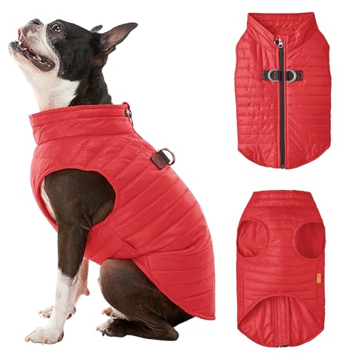 Gooby Puffer Vest - Red, Small - Ultra Thin Zip Up Windbreaker with Dual D Ring Leash - Water Resistant Dog Sweater Coat for Small Dogs - color: Red, size: Small chest (15")