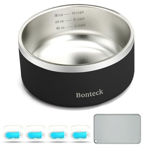 Bonteck Dog Bowl - Dog Water and Food Anti Rust & Non Slip Metal Bowls Large, Spill Proof Insulated Double Wall Pet Dish for Dogs, Cats & Pets, Stainless Steel, Dishwasher Safe (100 oz, Black)