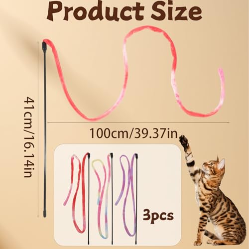 3 Pack Cute Cat Toy Wands Interactive Cat String Toys for Indoor Cats, Colorful Ribbon Cats Teaser Wand Ribbon Toys