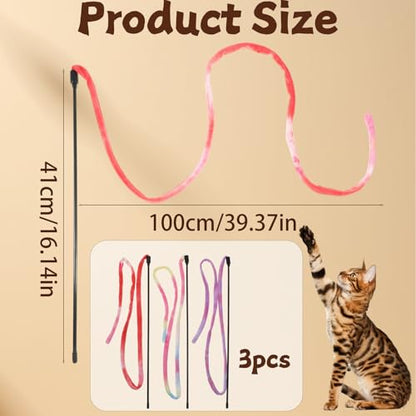 3 Pack Cute Cat Toy Wands Interactive Cat String Toys for Indoor Cats, Colorful Ribbon Cats Teaser Wand Ribbon Toys
