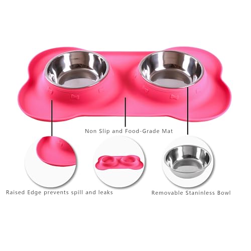 Pet Dog Bowls 2 Stainless Steel Dog Bowl with No Spill Non-Skid Silicone Mat + Pet Food Scoop Water and Food Feeder Bowls for Feeding Small Medium Large Dogs Cats Puppies (Pink, Extra Large) - color: pink, size: Extra Large