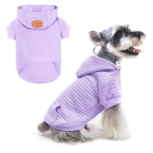 BEAUTYZOO Small Dog Hoodie Sweater with Pockets, Dog Clothes for Small Medium Dogs Boy Girl, Waffle-Like Laminated Cotton Pet Coats with Hat and Leash Hole, Purple S - color: Purple, size: S (Back: 12",Chest: 16", Neck: 10")