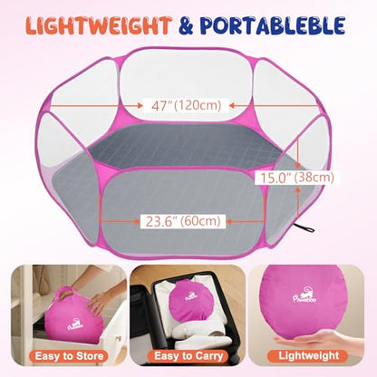 Pawaboo Small Animals Playpen with Pad, Waterproof Small Pet Cage Tent with Reusable Pad, Portable Outdoor Yard Fence for Chick/Kitten/Puppy/Guinea Pig/Rabbits/Chinchillas, Pink + Gray - color: Pink + Gray