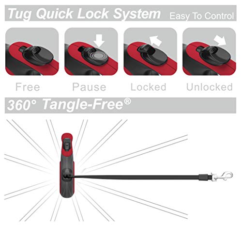 TUG 360° Tangle-Free Retractable Dog Leash with Anti-Slip Handle | 16 ft Strong Nylon Tape | One-Handed Brake, Pause, Lock (Small, Red) - color: Red, size: Small