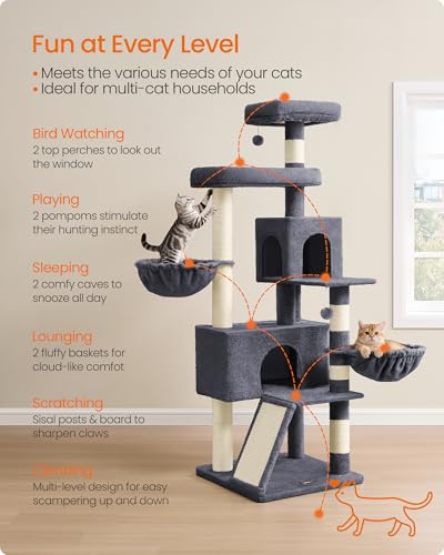 Feandrea Cat Tree, 68.5-Inch Tall Cat Tower, Multi-Level Plush Condo with Large Perch, Scratching Posts, Double Caves, Dark Gray UPCT006G02 - color: Dark Gray