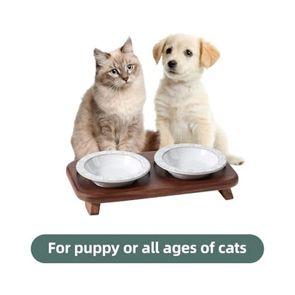 Havniva Cat Food Bowl, 6.1" Raised Cat Bowls with Acacia Wood Stand, Elevated Cat Dishes Ceramic Pet Food & Water Bowl Set, Extra Wide Whisker Friendly Elegant Pet Dish for Kitten, Cats, Puppy - color: 2 Dishes+Stand- Arctic White