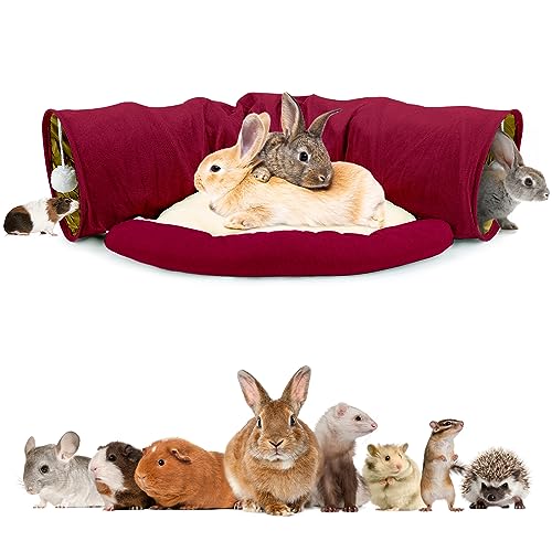 BWOGUE Bunny Tunnel Bed, 2-in-1 Collapsible Tunnel Tubes Toys with Removable Mat Hideout for Cats Kittens Rabbits Guinea Pigs Kitty - color: Red