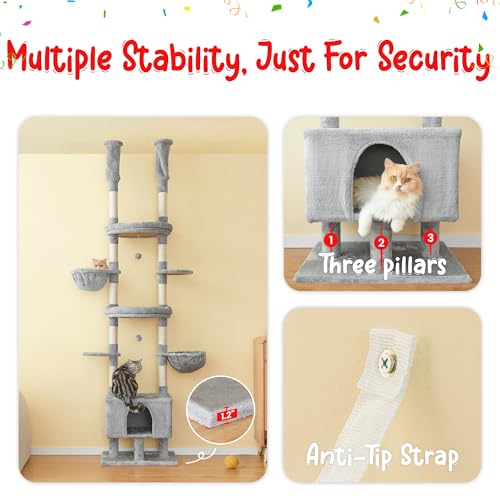 Cat Tree, Floor to Ceiling Cat Tower Adjustable Height [92.9-102.4 in=235-258cm], 7 Tiers Cat Climbing Play House with Scratching Post, Cozy Condo&Hammocks for Indoor Cats, Light Grey - color: Light Grey