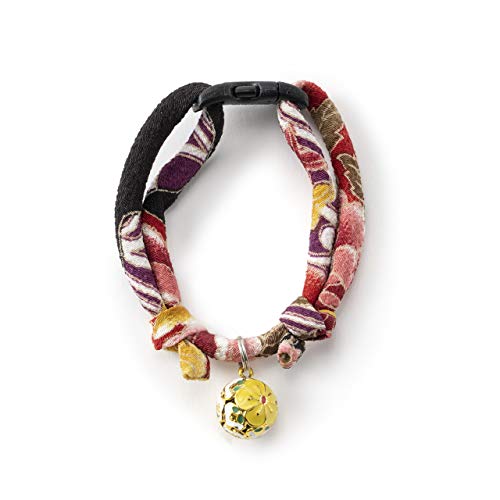 Chirimen Plum Blossom Cat Collar (Red) with Bell Safety Breakaway Soft Lightweight for Cats Kitty Kitten Japanese Stylish Pattern, No.1 Seller in Japan - color: Red